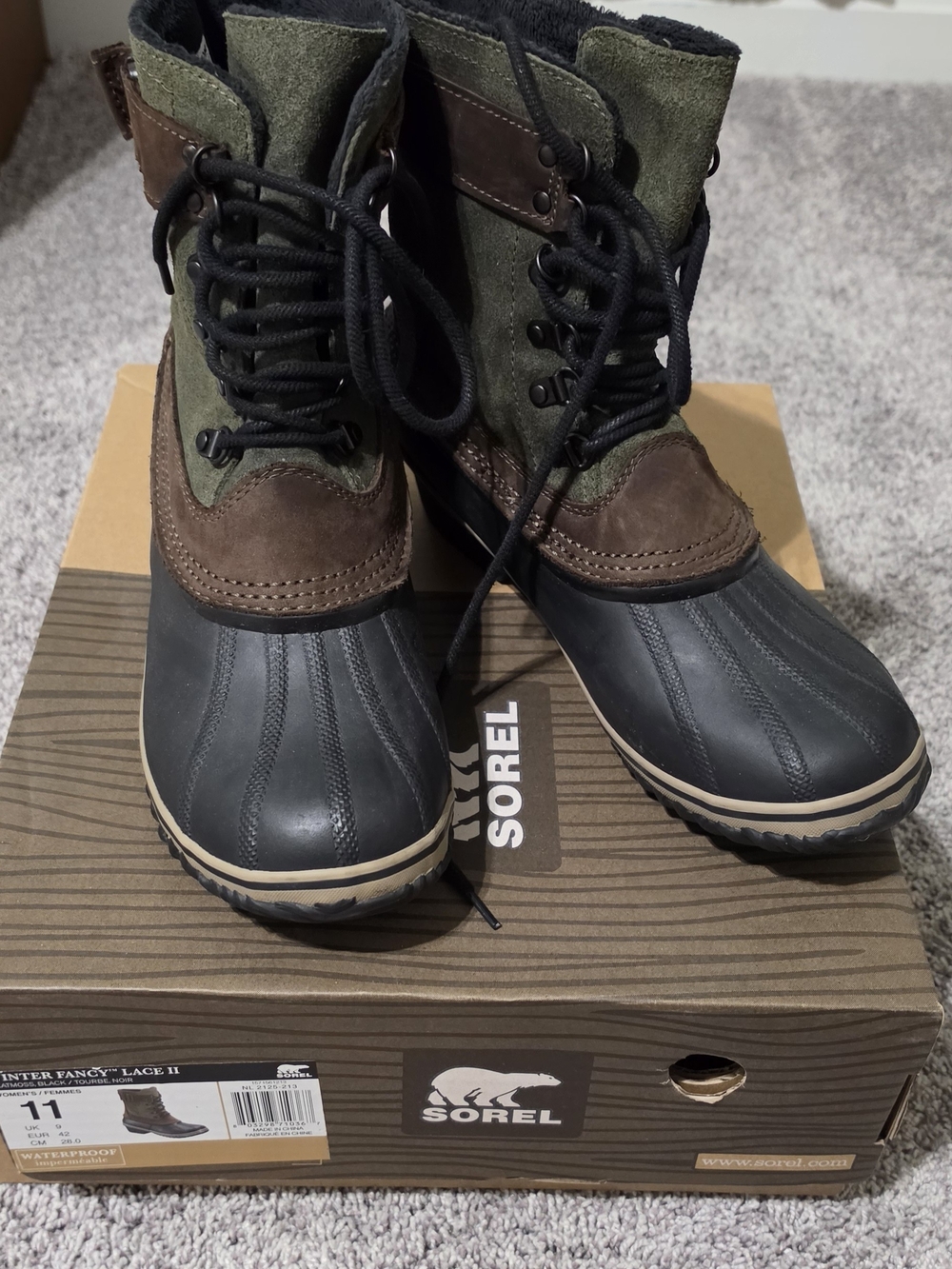 Sorel Women's Winter Lace II Duck Boot in Olive, Brown, and Black